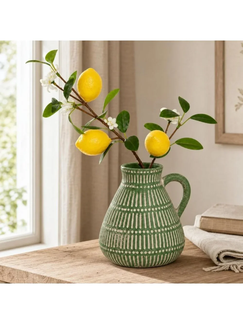 Small Green Clay Vase with Faux Lemon Branch - Charming Lemon Decor Accent